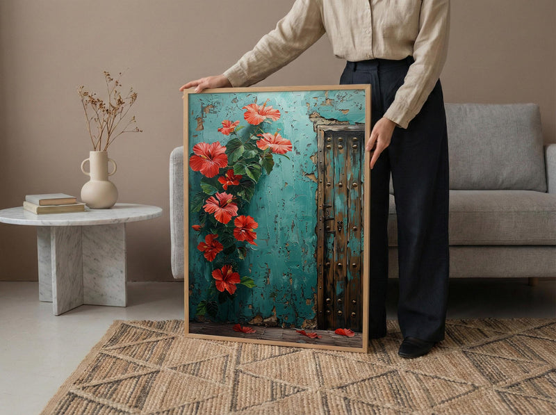 Zanzibar Door Print, Stone Town Wall Art, Turquoise Coastal Decor, Impasto Oil Painting, Tropical Hibiscus, Tanzania Gift