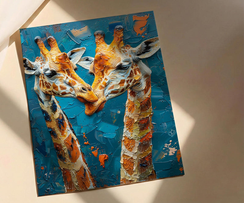 Giraffe Wall Art, Safari Nursery Decor, Cute Animal Print, Impasto Oil Painting, Blue Sky Art, New Mom Gift, Gentle Giants