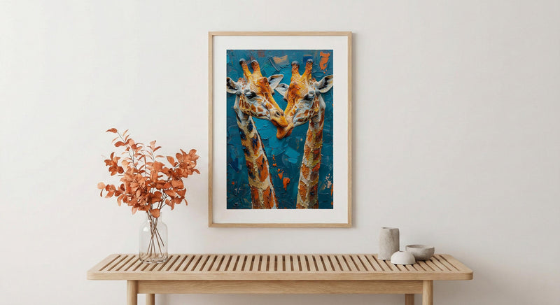 Giraffe Wall Art, Safari Nursery Decor, Cute Animal Print, Impasto Oil Painting, Blue Sky Art, New Mom Gift, Gentle Giants