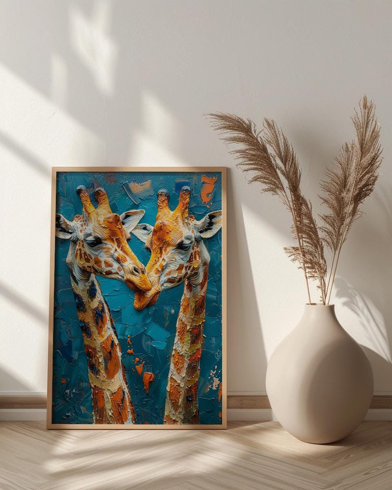 Giraffe Wall Art, Safari Nursery Decor, Cute Animal Print, Impasto Oil Painting, Blue Sky Art, New Mom Gift, Gentle Giants