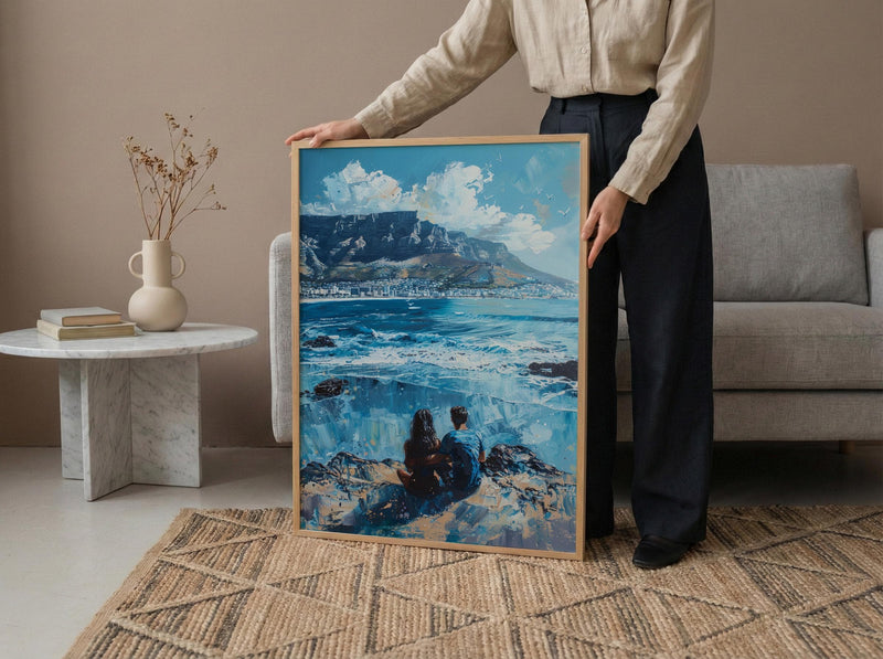 Cape Town Art, South Africa Print, Table Mountain, Impasto Oil Painting, Coastal Landscape, Travel Gift, Engagement Gift