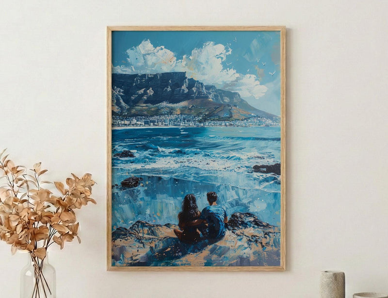Cape Town Art, South Africa Print, Table Mountain, Impasto Oil Painting, Coastal Landscape, Travel Gift, Engagement Gift