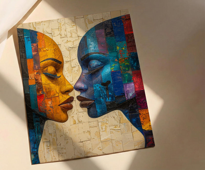 African Mask Art, Tribal Wall Decor, Geometric Pattern, Impasto Oil Painting, Heritage Print, Bold Colors, Wedding Gift