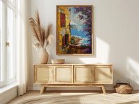 West African Wall Art, Senegal Goree Island Print, Colonial Yellow House, Impasto Jacaranda Painting, Nostalgic Travel Poster