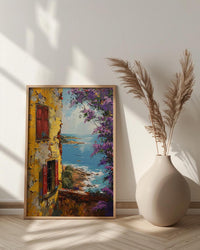 West African Wall Art, Senegal Goree Island Print, Colonial Yellow House, Impasto Jacaranda Painting, Nostalgic Travel Poster
