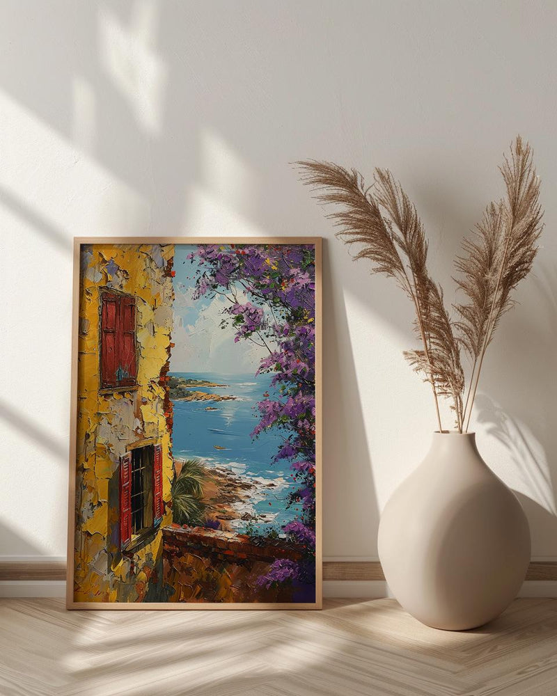 West African Wall Art, Senegal Goree Island Print, Colonial Yellow House, Impasto Jacaranda Painting, Nostalgic Travel Poster