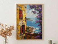 West African Wall Art, Senegal Goree Island Print, Colonial Yellow House, Impasto Jacaranda Painting, Nostalgic Travel Poster