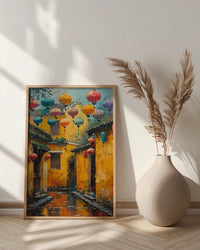 Vietnam Wall Art, Hoi An Ancient Town Print, Yellow Wall, Impasto Oil Painting, Silk Lanterns, Rainy Reflection