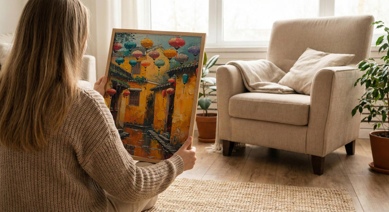 Vietnam Wall Art, Hoi An Ancient Town Print, Yellow Wall, Impasto Oil Painting, Silk Lanterns, Rainy Reflection