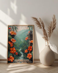Bali Wall Art, Temple Gate Print, Jungle Decor, Impasto Oil Painting, Frangipani Flowers, Tropical Zen, Gift