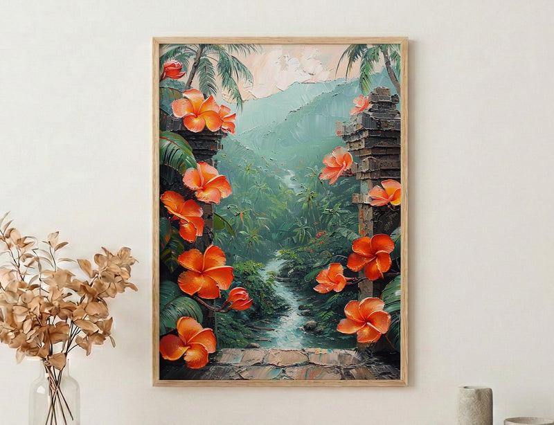 Bali Wall Art, Temple Gate Print, Jungle Decor, Impasto Oil Painting, Frangipani Flowers, Tropical Zen, Gift