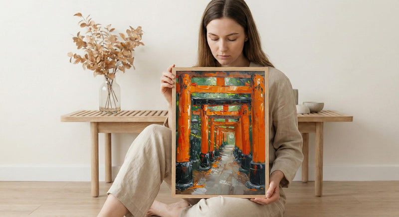 Kyoto Wall Art, Torii Gate Print, Japan Shrine Decor, Impasto Oil Painting, Red Columns, Green Maple, Spiritual