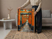 Kyoto Wall Art, Torii Gate Print, Japan Shrine Decor, Impasto Oil Painting, Red Columns, Green Maple, Spiritual