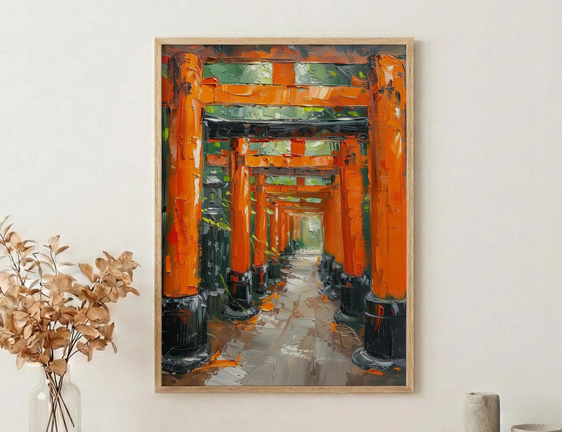 Kyoto Wall Art, Torii Gate Print, Japan Shrine Decor, Impasto Oil Painting, Red Columns, Green Maple, Spiritual