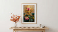 Thailand Wall Art, Golden Temple Print, Mosaic Decor, Impasto Oil Painting, Pink Lotus, Buddhist Art, Spiritual