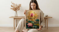 Thailand Wall Art, Golden Temple Print, Mosaic Decor, Impasto Oil Painting, Pink Lotus, Buddhist Art, Spiritual