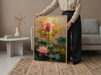 Thailand Wall Art, Golden Temple Print, Mosaic Decor, Impasto Oil Painting, Pink Lotus, Buddhist Art, Spiritual