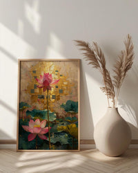 Thailand Wall Art, Golden Temple Print, Mosaic Decor, Impasto Oil Painting, Pink Lotus, Buddhist Art, Spiritual