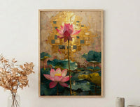 Thailand Wall Art, Golden Temple Print, Mosaic Decor, Impasto Oil Painting, Pink Lotus, Buddhist Art, Spiritual