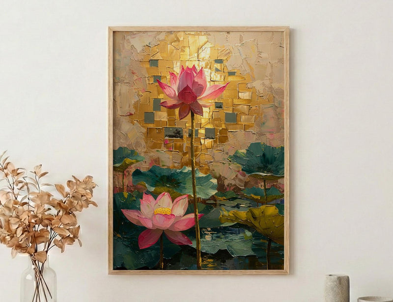 Thailand Wall Art, Golden Temple Print, Mosaic Decor, Impasto Oil Painting, Pink Lotus, Buddhist Art, Spiritual