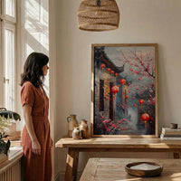 China Wall Art, Red Lantern Print, Plum Blossom Decor, Impasto Oil Painting, Grey Brick Wall, Traditional Asian
