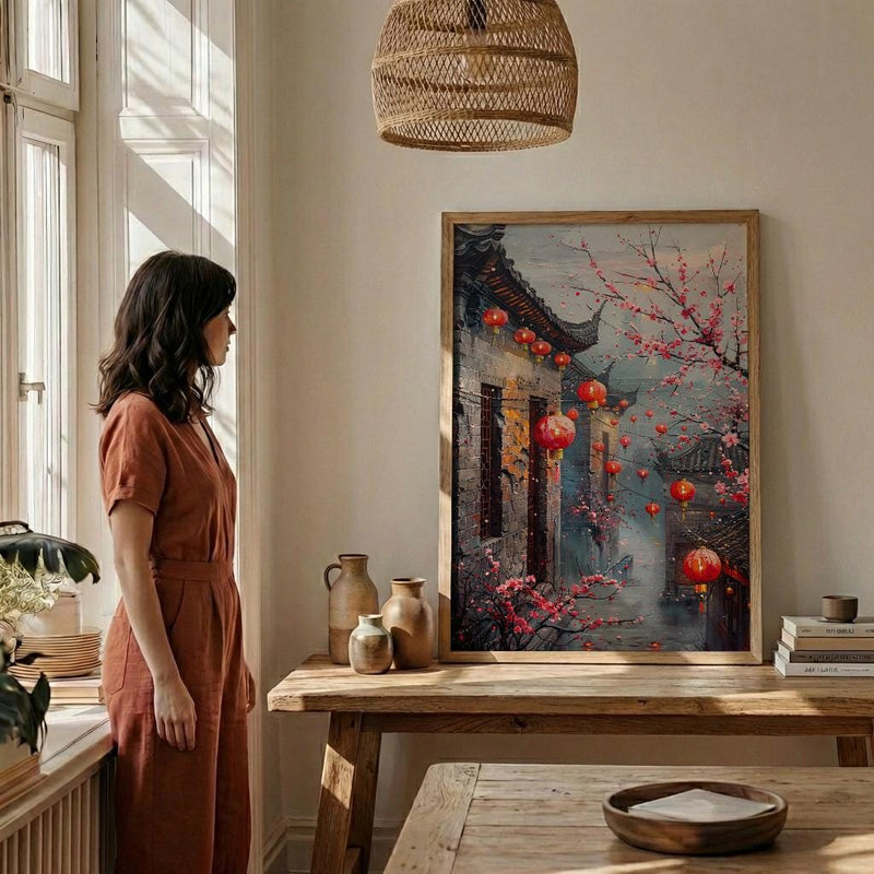 China Wall Art, Red Lantern Print, Plum Blossom Decor, Impasto Oil Painting, Grey Brick Wall, Traditional Asian