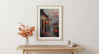 China Wall Art, Red Lantern Print, Plum Blossom Decor, Impasto Oil Painting, Grey Brick Wall, Traditional Asian