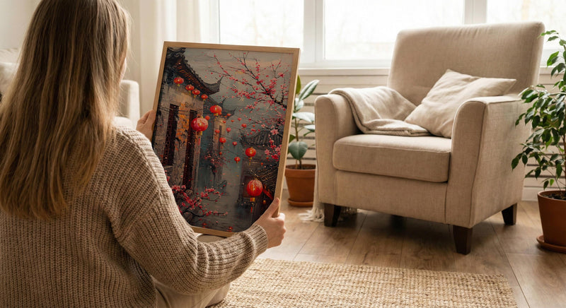 China Wall Art, Red Lantern Print, Plum Blossom Decor, Impasto Oil Painting, Grey Brick Wall, Traditional Asian