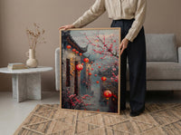 China Wall Art, Red Lantern Print, Plum Blossom Decor, Impasto Oil Painting, Grey Brick Wall, Traditional Asian