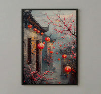 China Wall Art, Red Lantern Print, Plum Blossom Decor, Impasto Oil Painting, Grey Brick Wall, Traditional Asian