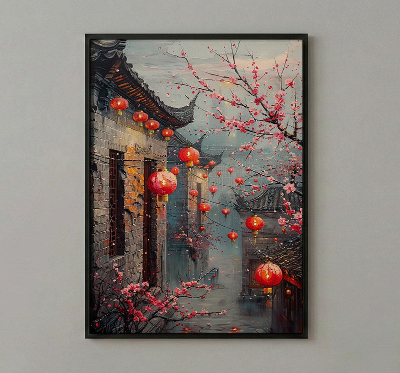 China Wall Art, Red Lantern Print, Plum Blossom Decor, Impasto Oil Painting, Grey Brick Wall, Traditional Asian