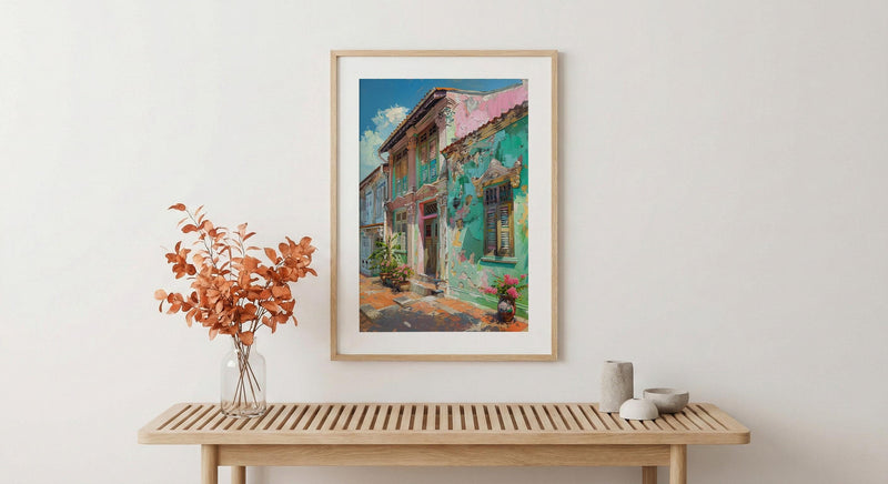 Singapore Wall Art, Peranakan Shophouse Print, Pastel House, Impasto Oil Painting, Ceramic Tiles, Architectural