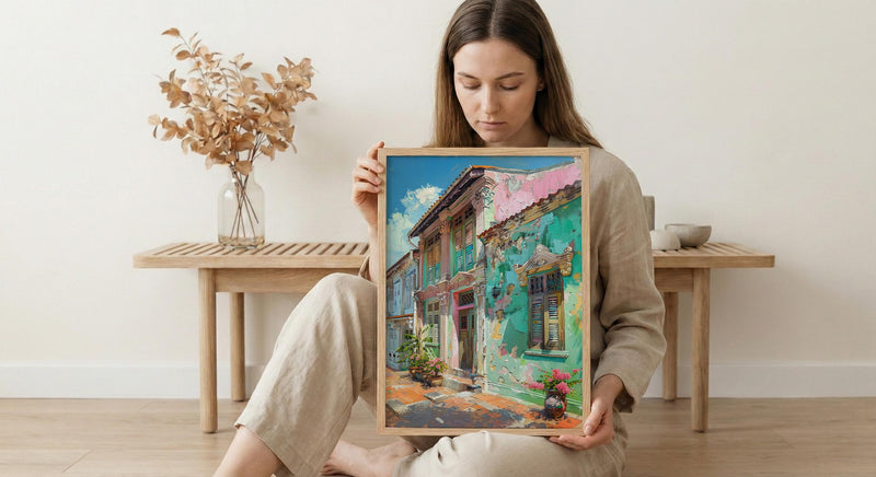 Singapore Wall Art, Peranakan Shophouse Print, Pastel House, Impasto Oil Painting, Ceramic Tiles, Architectural