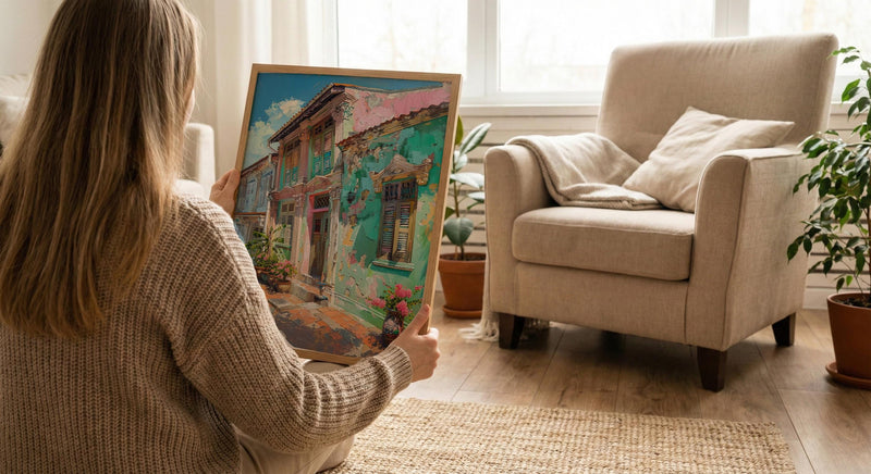 Singapore Wall Art, Peranakan Shophouse Print, Pastel House, Impasto Oil Painting, Ceramic Tiles, Architectural