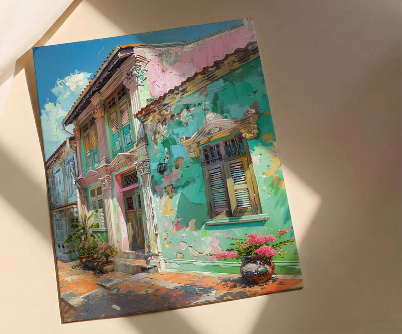Singapore Wall Art, Peranakan Shophouse Print, Pastel House, Impasto Oil Painting, Ceramic Tiles, Architectural