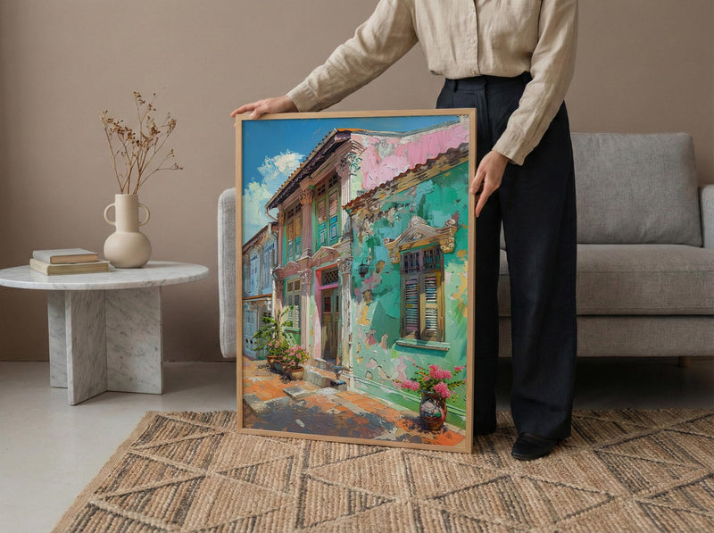 Singapore Wall Art, Peranakan Shophouse Print, Pastel House, Impasto Oil Painting, Ceramic Tiles, Architectural