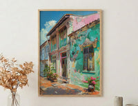 Singapore Wall Art, Peranakan Shophouse Print, Pastel House, Impasto Oil Painting, Ceramic Tiles, Architectural