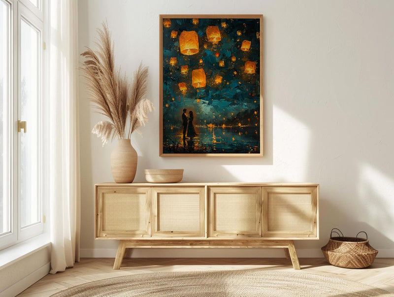 Thailand Wall Art, Floating Lantern Print, Yi Peng Festival, Impasto Oil Painting, Magical Night, Engagement Gift, Chiang Mai
