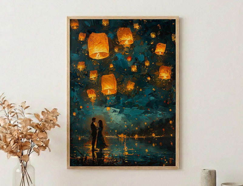 Thailand Wall Art, Floating Lantern Print, Yi Peng Festival, Impasto Oil Painting, Magical Night, Engagement Gift, Chiang Mai
