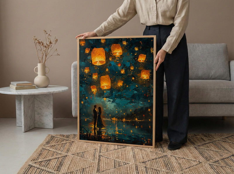 Thailand Wall Art, Floating Lantern Print, Yi Peng Festival, Impasto Oil Painting, Magical Night, Engagement Gift, Chiang Mai
