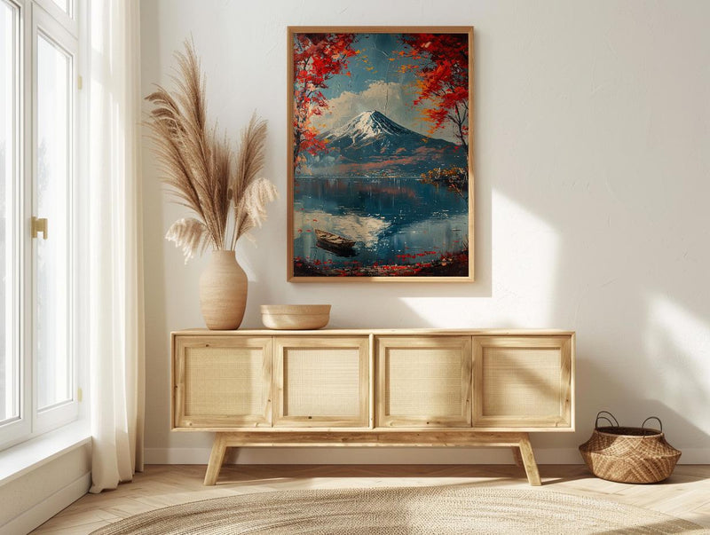 Mount Fuji Art, Japan Landscape Print, Red Maple, Impasto Oil Painting, Lake Reflection, Zen Decor, Travel Lover Gift