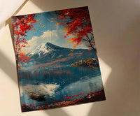 Mount Fuji Art, Japan Landscape Print, Red Maple, Impasto Oil Painting, Lake Reflection, Zen Decor, Travel Lover Gift