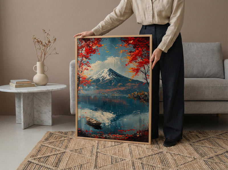 Mount Fuji Art, Japan Landscape Print, Red Maple, Impasto Oil Painting, Lake Reflection, Zen Decor, Travel Lover Gift