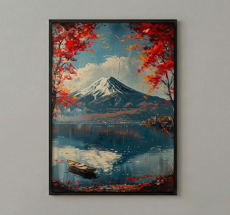 Mount Fuji Art, Japan Landscape Print, Red Maple, Impasto Oil Painting, Lake Reflection, Zen Decor, Travel Lover Gift