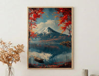 Mount Fuji Art, Japan Landscape Print, Red Maple, Impasto Oil Painting, Lake Reflection, Zen Decor, Travel Lover Gift