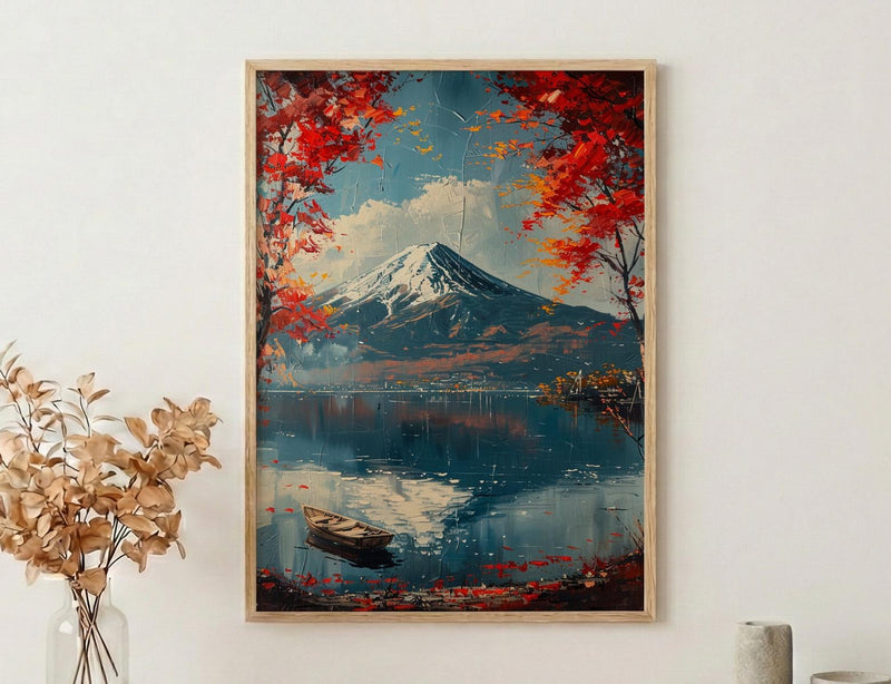 Mount Fuji Art, Japan Landscape Print, Red Maple, Impasto Oil Painting, Lake Reflection, Zen Decor, Travel Lover Gift