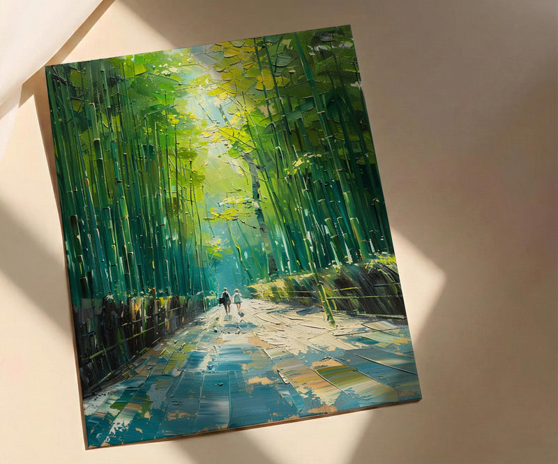 Bamboo Forest Art, Kyoto Travel Print, Green Wall Decor, Impasto Oil Painting, Zen Garden, Nature Lover Gift, Wedding Gift