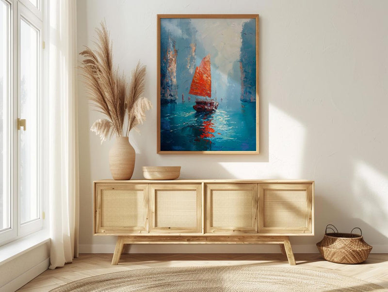 Halong Bay Art, Vietnam Travel Print, Junk Boat Painting, Impasto Oil Painting, Turquoise Water, Wedding Gift, Seascape
