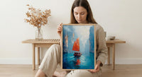 Halong Bay Art, Vietnam Travel Print, Junk Boat Painting, Impasto Oil Painting, Turquoise Water, Wedding Gift, Seascape