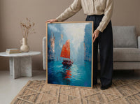 Halong Bay Art, Vietnam Travel Print, Junk Boat Painting, Impasto Oil Painting, Turquoise Water, Wedding Gift, Seascape